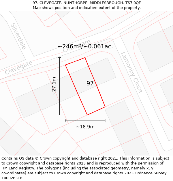 97, CLEVEGATE, NUNTHORPE, MIDDLESBROUGH, TS7 0QF: Plot and title map