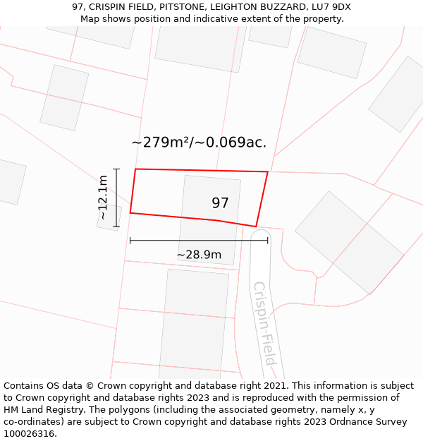 97, CRISPIN FIELD, PITSTONE, LEIGHTON BUZZARD, LU7 9DX: Plot and title map