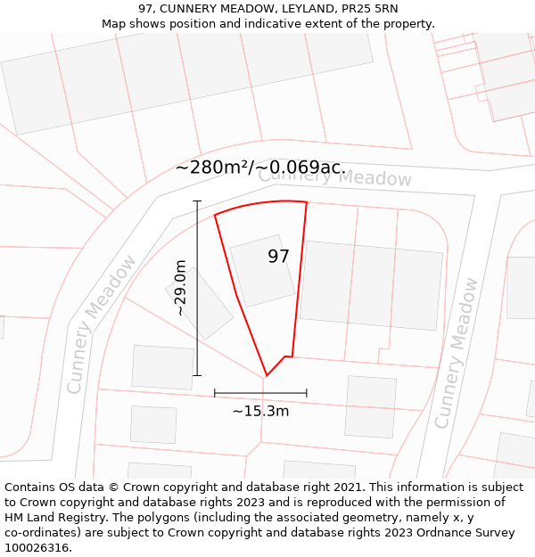 97, CUNNERY MEADOW, LEYLAND, PR25 5RN: Plot and title map