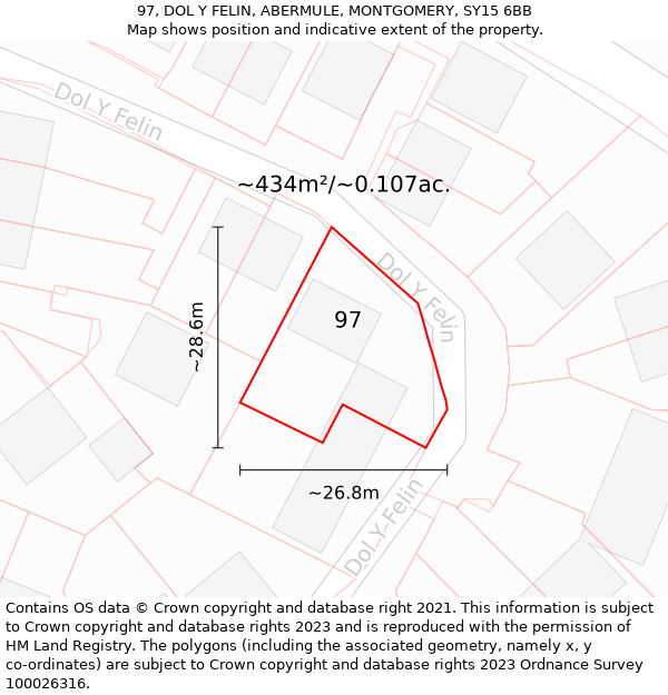 97, DOL Y FELIN, ABERMULE, MONTGOMERY, SY15 6BB: Plot and title map