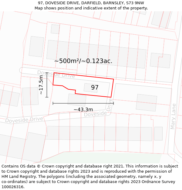 97, DOVESIDE DRIVE, DARFIELD, BARNSLEY, S73 9NW: Plot and title map