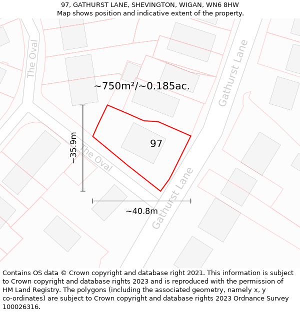 97, GATHURST LANE, SHEVINGTON, WIGAN, WN6 8HW: Plot and title map