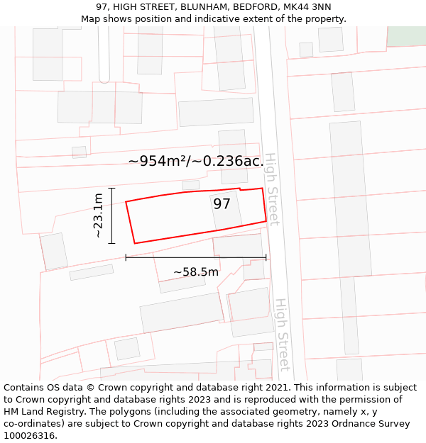 97, HIGH STREET, BLUNHAM, BEDFORD, MK44 3NN: Plot and title map