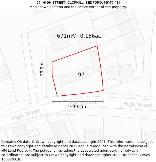 97, HIGH STREET, CLOPHILL, BEDFORD, MK45 4BJ: Plot and title map