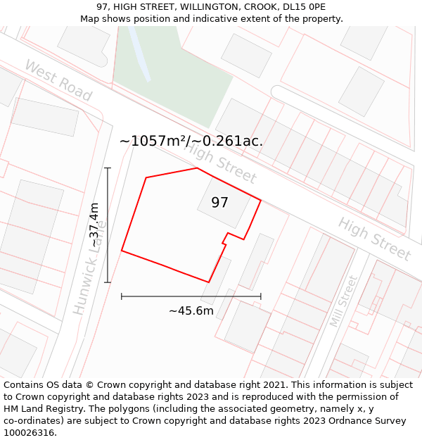 97, HIGH STREET, WILLINGTON, CROOK, DL15 0PE: Plot and title map