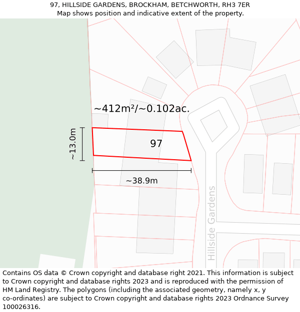 97, HILLSIDE GARDENS, BROCKHAM, BETCHWORTH, RH3 7ER: Plot and title map