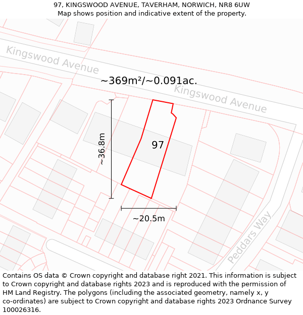 97, KINGSWOOD AVENUE, TAVERHAM, NORWICH, NR8 6UW: Plot and title map