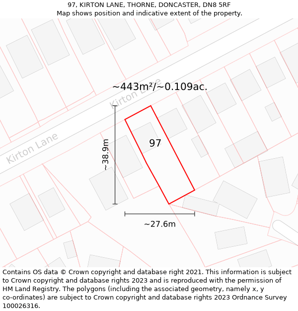 97, KIRTON LANE, THORNE, DONCASTER, DN8 5RF: Plot and title map