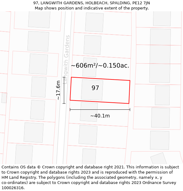 97, LANGWITH GARDENS, HOLBEACH, SPALDING, PE12 7JN: Plot and title map