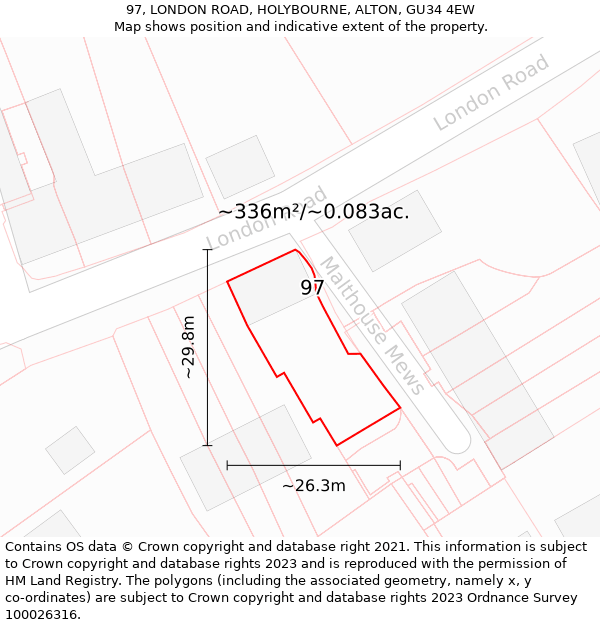 97, LONDON ROAD, HOLYBOURNE, ALTON, GU34 4EW: Plot and title map