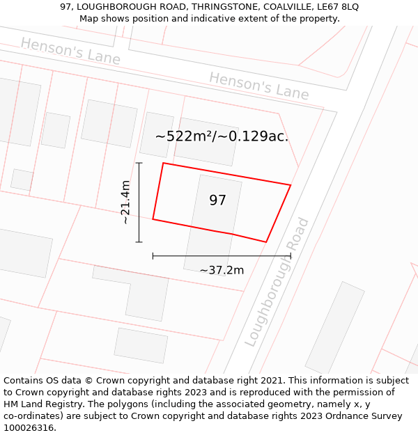 97, LOUGHBOROUGH ROAD, THRINGSTONE, COALVILLE, LE67 8LQ: Plot and title map