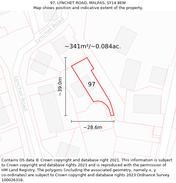 97, LYNCHET ROAD, MALPAS, SY14 8EW: Plot and title map