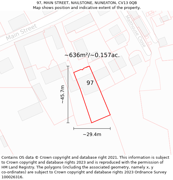 97, MAIN STREET, NAILSTONE, NUNEATON, CV13 0QB: Plot and title map