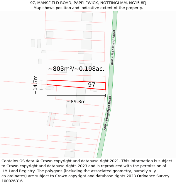 97, MANSFIELD ROAD, PAPPLEWICK, NOTTINGHAM, NG15 8FJ: Plot and title map