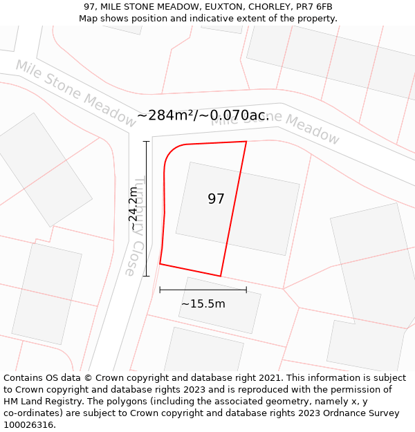 97, MILE STONE MEADOW, EUXTON, CHORLEY, PR7 6FB: Plot and title map