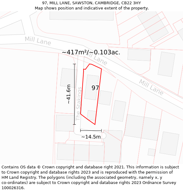 97, MILL LANE, SAWSTON, CAMBRIDGE, CB22 3HY: Plot and title map