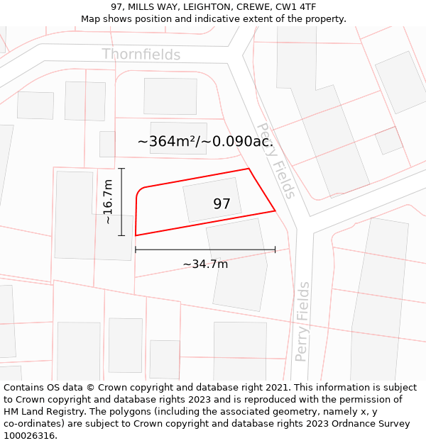 97, MILLS WAY, LEIGHTON, CREWE, CW1 4TF: Plot and title map