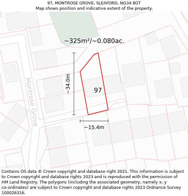 97, MONTROSE GROVE, SLEAFORD, NG34 8GT: Plot and title map