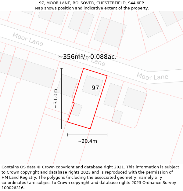 97, MOOR LANE, BOLSOVER, CHESTERFIELD, S44 6EP: Plot and title map