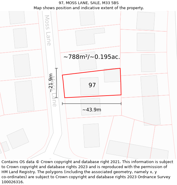 97, MOSS LANE, SALE, M33 5BS: Plot and title map