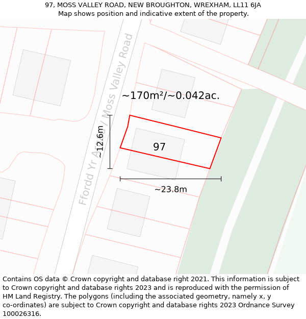 97, MOSS VALLEY ROAD, NEW BROUGHTON, WREXHAM, LL11 6JA: Plot and title map