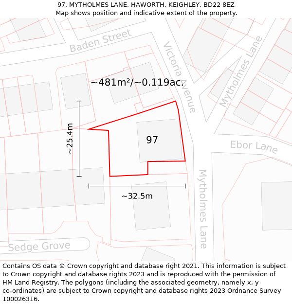 97, MYTHOLMES LANE, HAWORTH, KEIGHLEY, BD22 8EZ: Plot and title map