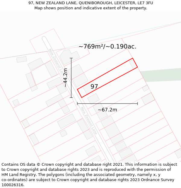 97, NEW ZEALAND LANE, QUENIBOROUGH, LEICESTER, LE7 3FU: Plot and title map
