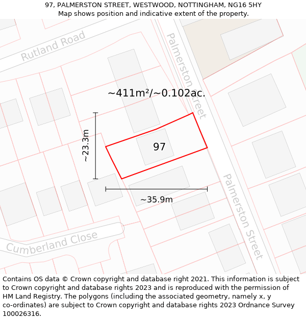 97, PALMERSTON STREET, WESTWOOD, NOTTINGHAM, NG16 5HY: Plot and title map