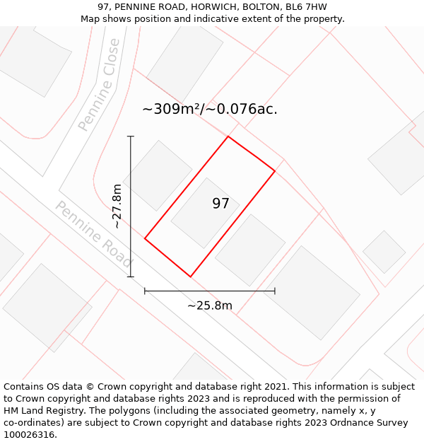 97, PENNINE ROAD, HORWICH, BOLTON, BL6 7HW: Plot and title map