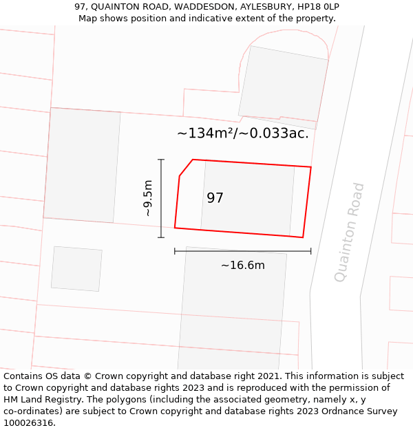 97, QUAINTON ROAD, WADDESDON, AYLESBURY, HP18 0LP: Plot and title map