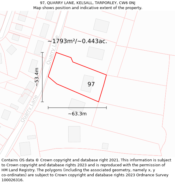 97, QUARRY LANE, KELSALL, TARPORLEY, CW6 0NJ: Plot and title map