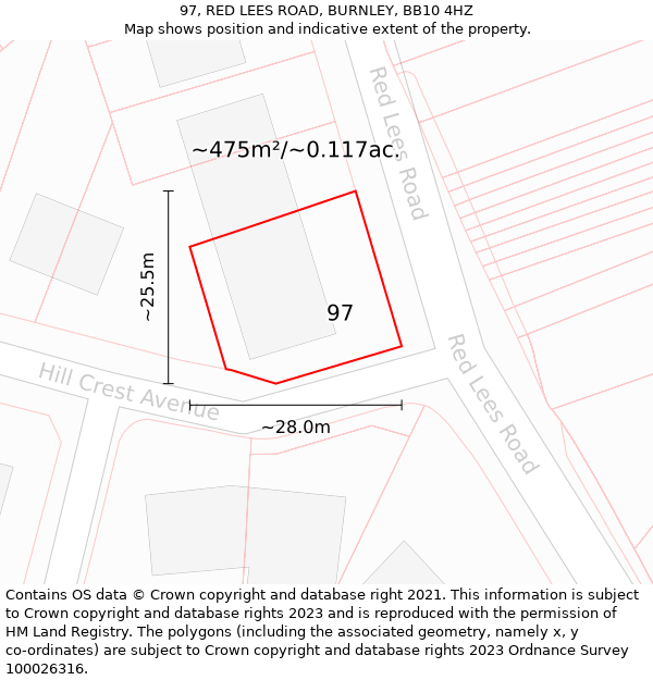 97, RED LEES ROAD, BURNLEY, BB10 4HZ: Plot and title map