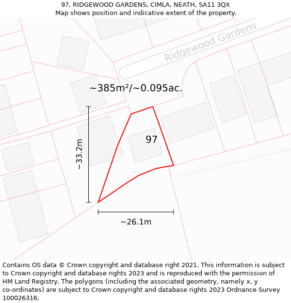 97, RIDGEWOOD GARDENS, CIMLA, NEATH, SA11 3QX: Plot and title map