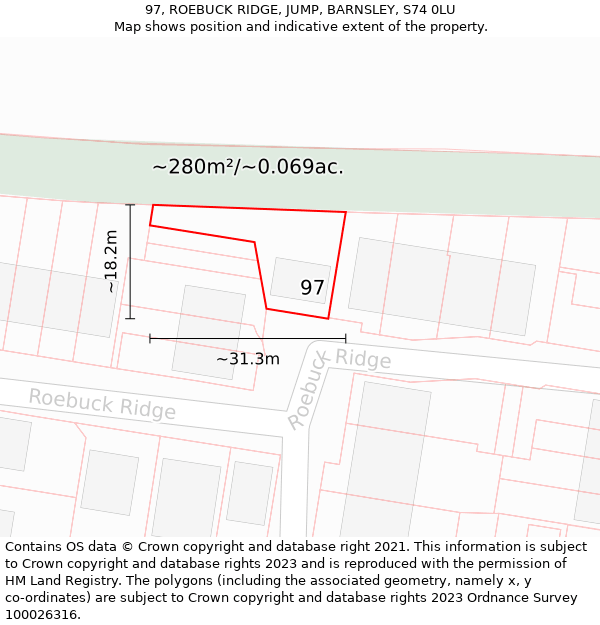 97, ROEBUCK RIDGE, JUMP, BARNSLEY, S74 0LU: Plot and title map