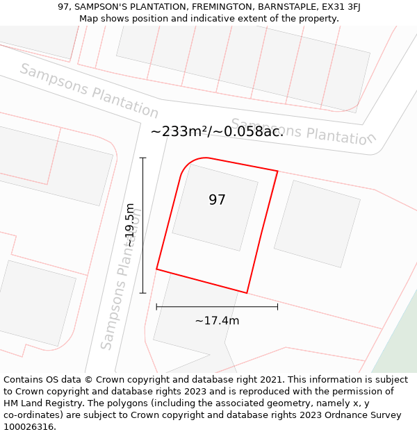 97, SAMPSON'S PLANTATION, FREMINGTON, BARNSTAPLE, EX31 3FJ: Plot and title map