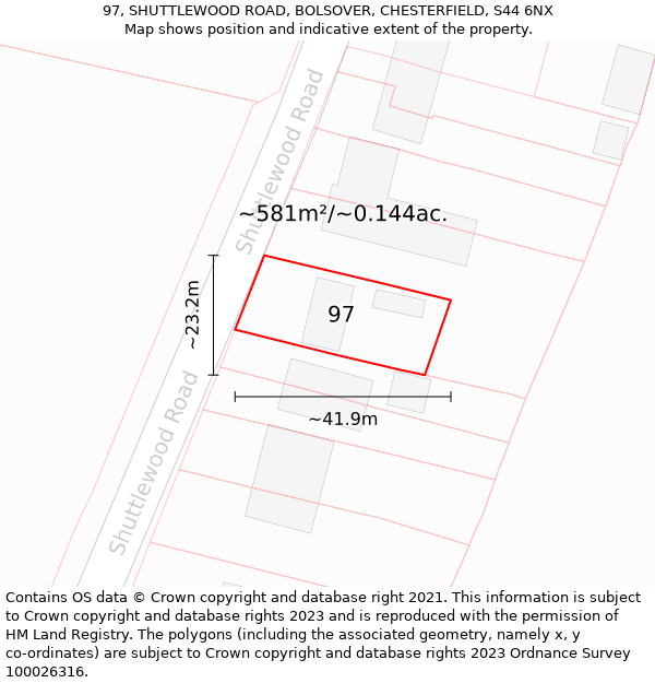 97, SHUTTLEWOOD ROAD, BOLSOVER, CHESTERFIELD, S44 6NX: Plot and title map