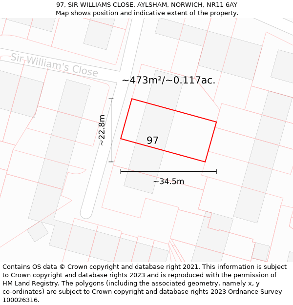 97, SIR WILLIAMS CLOSE, AYLSHAM, NORWICH, NR11 6AY: Plot and title map
