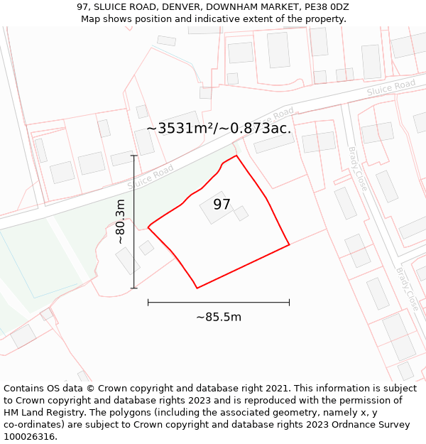 97, SLUICE ROAD, DENVER, DOWNHAM MARKET, PE38 0DZ: Plot and title map