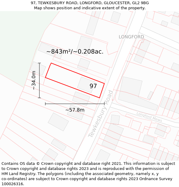 97, TEWKESBURY ROAD, LONGFORD, GLOUCESTER, GL2 9BG: Plot and title map