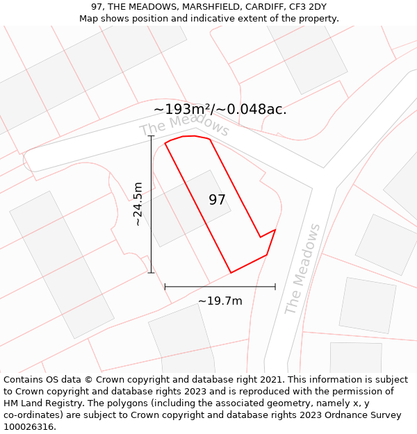 97, THE MEADOWS, MARSHFIELD, CARDIFF, CF3 2DY: Plot and title map