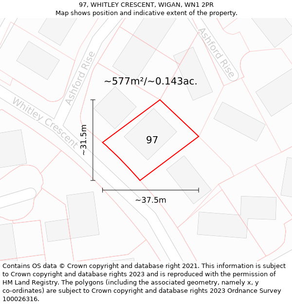 97, WHITLEY CRESCENT, WIGAN, WN1 2PR: Plot and title map