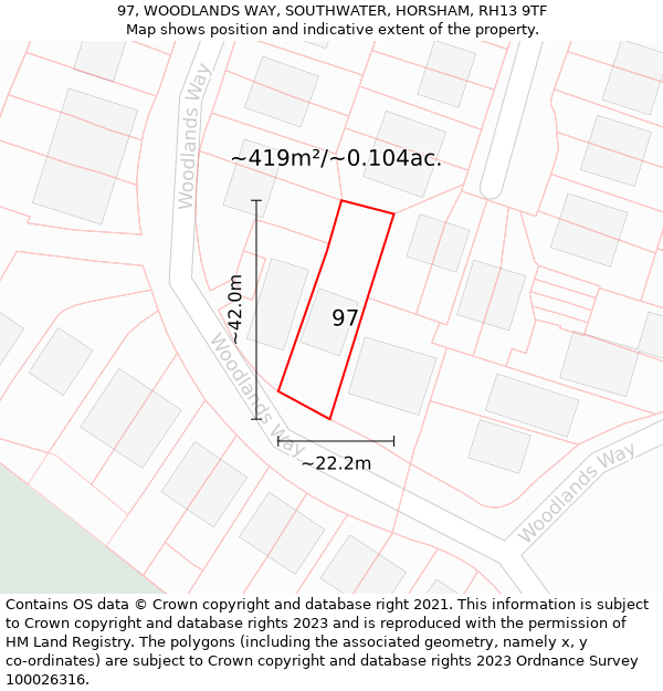 97, WOODLANDS WAY, SOUTHWATER, HORSHAM, RH13 9TF: Plot and title map