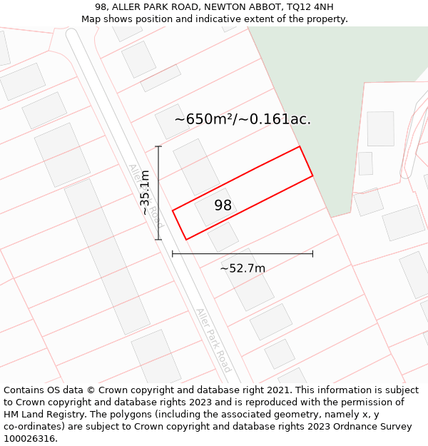 98, ALLER PARK ROAD, NEWTON ABBOT, TQ12 4NH: Plot and title map