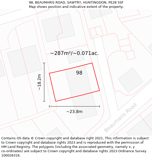 98, BEAUMARIS ROAD, SAWTRY, HUNTINGDON, PE28 5SF: Plot and title map