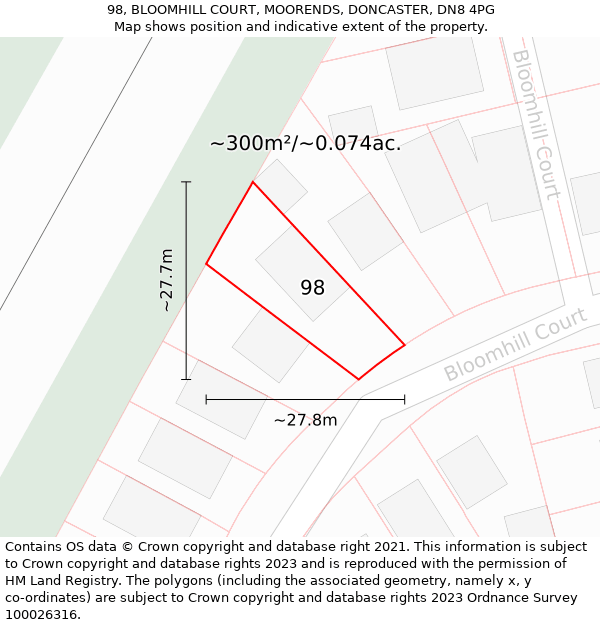 98, BLOOMHILL COURT, MOORENDS, DONCASTER, DN8 4PG: Plot and title map