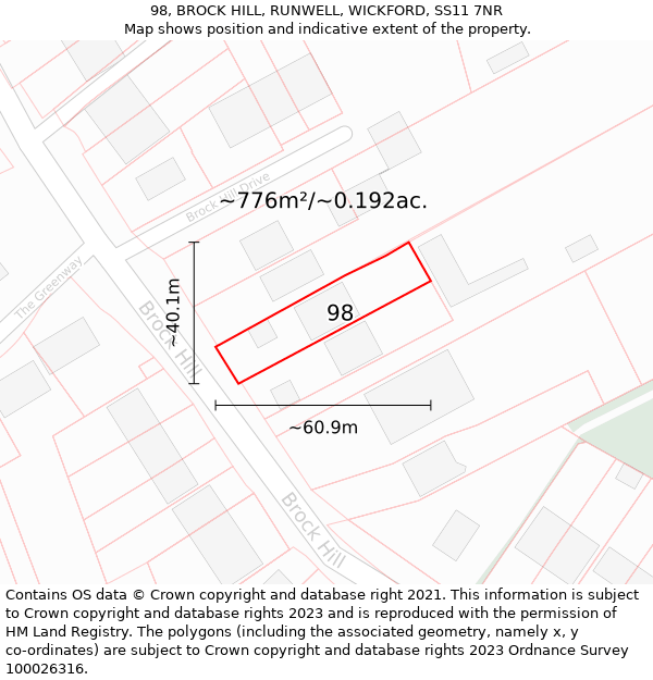 98, BROCK HILL, RUNWELL, WICKFORD, SS11 7NR: Plot and title map