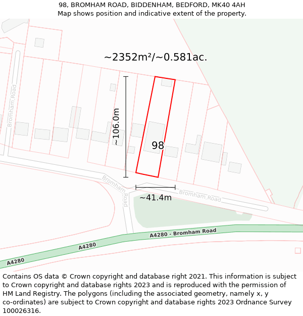 98, BROMHAM ROAD, BIDDENHAM, BEDFORD, MK40 4AH: Plot and title map