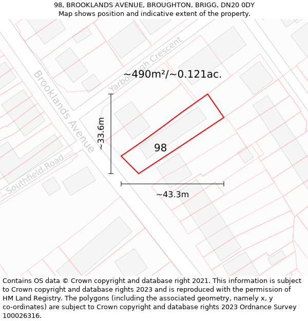 98, BROOKLANDS AVENUE, BROUGHTON, BRIGG, DN20 0DY: Plot and title map