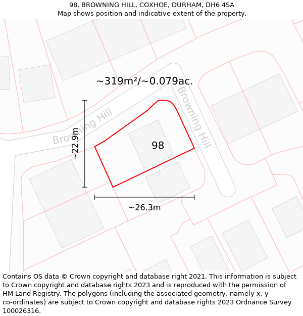 98, BROWNING HILL, COXHOE, DURHAM, DH6 4SA: Plot and title map