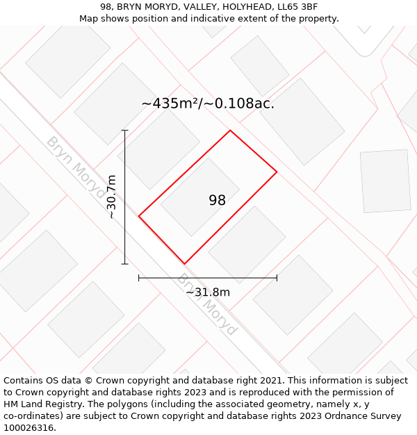 98, BRYN MORYD, VALLEY, HOLYHEAD, LL65 3BF: Plot and title map